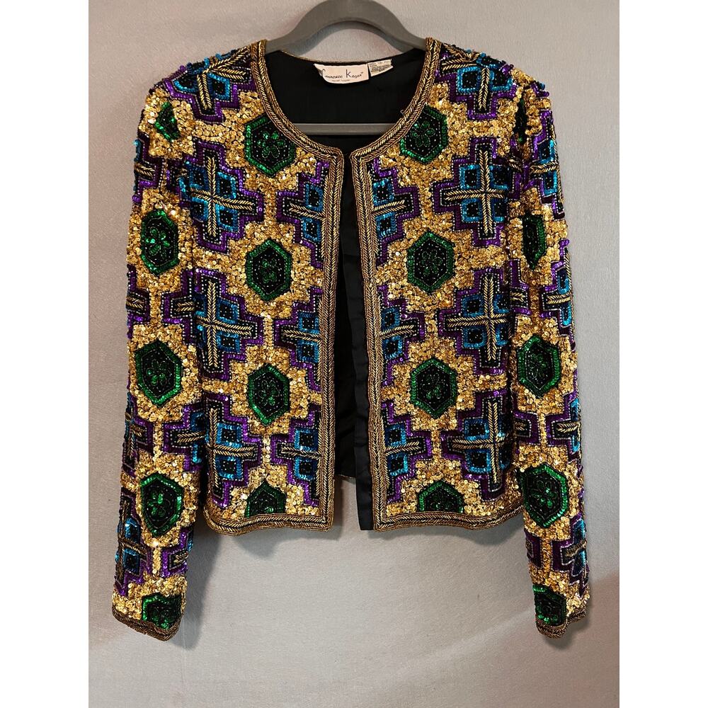 Laurence Kazar NY Vintage 80s Silk Beaded Sequin Jacket PM Gold Purple Peacock